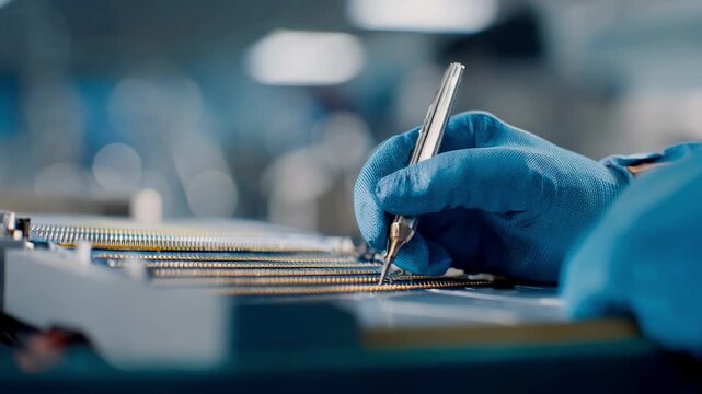 Medium shot of a worker using precise tools to deposit thin tin layers onto electronic circuit boards for improved conductivity and protection.