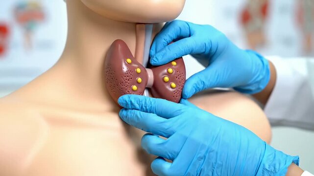 Doctor Demonstrates Thyroid Gland Anatomy on a Mannequin.