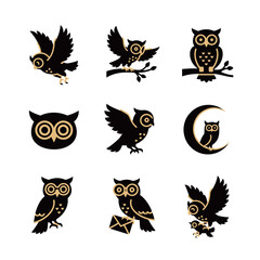 Elegant set of nine black and gold owl icons in different poses, including flying, sitting on a branch, and holding a letter.