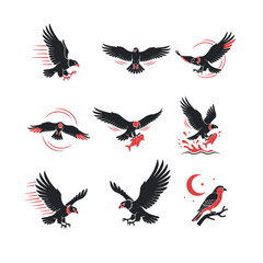 Dynamic set of nine black and red stylized hawk and eagle icons, symbolizing speed, freedom, and predation.