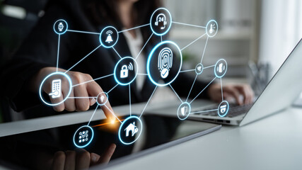 Home security icons show smart home, surveillance, and safety devices. Home security ensures...