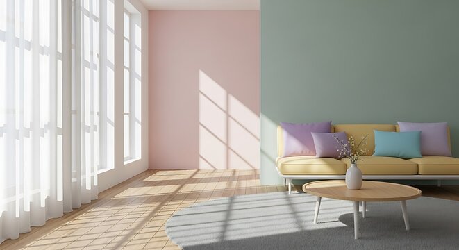 Serene pastel interior showcasing natural light and minimalist decor style