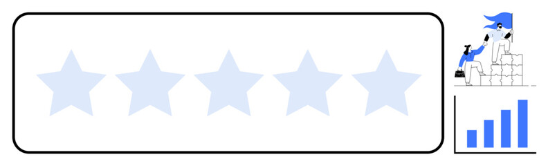 Five-star rating icon, team stacking blocks with a leader holding a flag, and a growth bar chart. Ideal for teamwork, leadership, achievement, growth, rating, business success simple flat metaphor