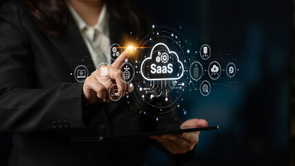 Naklejka premium Visual representation of SaaS showing infrastructure, SaaS deployment, SaaS platform features, and SaaS integration model in digital environment. Spline