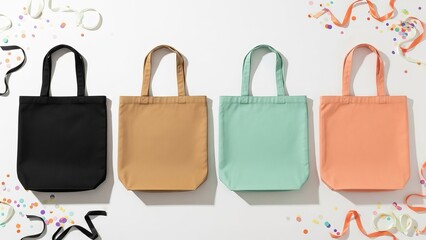 Four colorful tote bags lined up for shopping or events