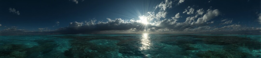 Obraz premium Sunset over ocean tropical beach hdr panorama calm waters serene view