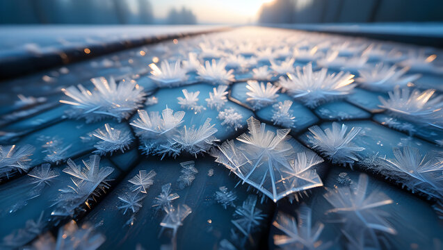 Detailed Macro Shot of Hexagonal Frost Crystals at Sunrise