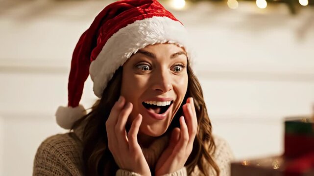 Surprised young woman wearing santa hat opens a christmas gift box with an amazed expression christmas gift reaction
