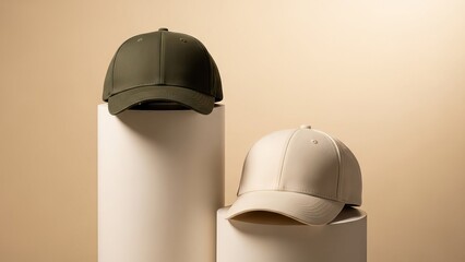 Two baseball caps displayed on pedestals in studio lighting