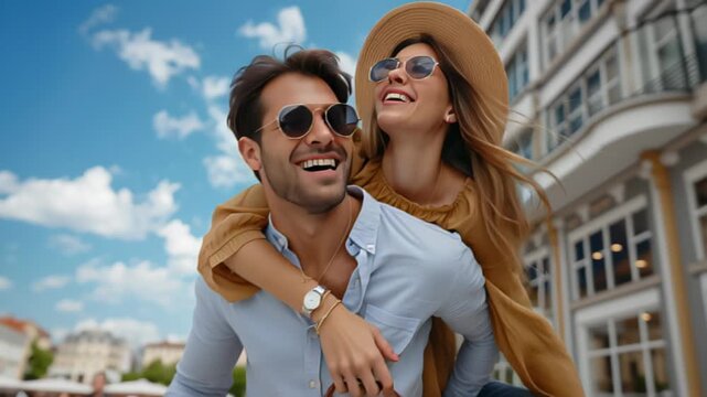 Happy young couple enjoying a piggyback ride on sunny city street. Video.
