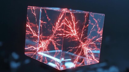 Abstract 3D render of a glowing red energy core encased within a transparent blue glass cube, symbolizing advanced technology and power. - Powered by Adobe