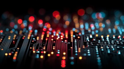 A close up of a circuit board with colorful light trails above it in focus - Powered by Adobe
