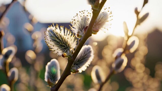 Soft pussy willow branches swaying in wind at sunset, Palm Sunday and spring nature background