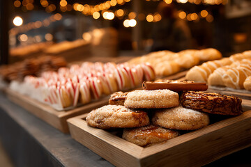 christmas market booth, a stall with gingerbread, colorful cookies, candy canes, and festive lighting creates a warm holiday atmosphere
