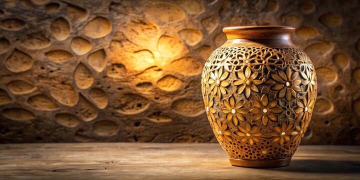 A wooden vase with intricate cut-out designs placed on a rustic stone background, with a hint of golden light casting a warm ambiance , decorative item, antique inspired