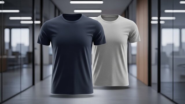 Two plain t shirts dark grey and white in a modern office setting - Powered by Adobe
