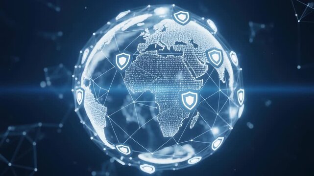 Secure digital transformation abstract visualization of global data protection featuring glowing shields and interconnected network technology - Powered by Adobe