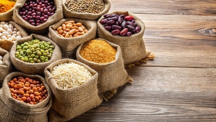 Fototapeta premium Seed Bag Contents,Bag of assorted legume seeds in burlap sack bag, harvest, seeds, harvest,seeds,disease,sprouts,field,grains,farm