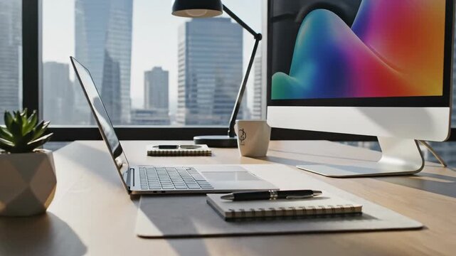 Modern office desk with computer and laptop setup overlooking city skyline