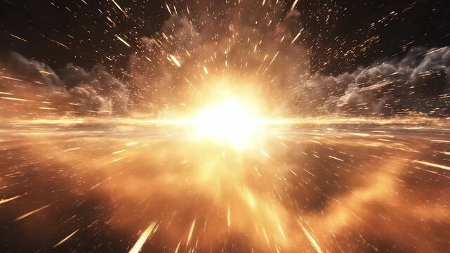 A massive explosion unleashes a radiant burst of light, casting fiery particles through the dark void of space. This celestial event showcases the powerful energy and dynamic motio