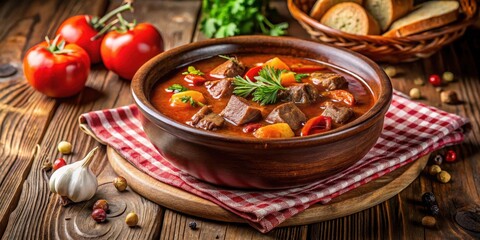 Traditional Hungarian beef goulash soup and stew with chuck steak served in a rustic ceramic bowl on a wooden table, rustic decor, traditional soup