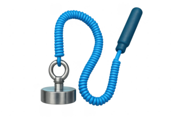 Retrieval magnet with blue coiled lanyard grabbing tool