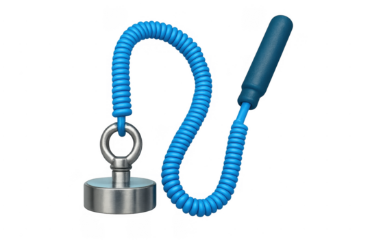 Retrieval magnet with blue coiled lanyard grabbing tool