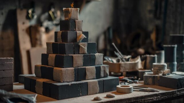 Rustic workshop scene with pyramid of burlap-wrapped bricks on wooden table