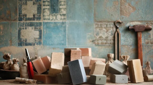 Stacked colorful bricks and vintage tools against artistic backdrop