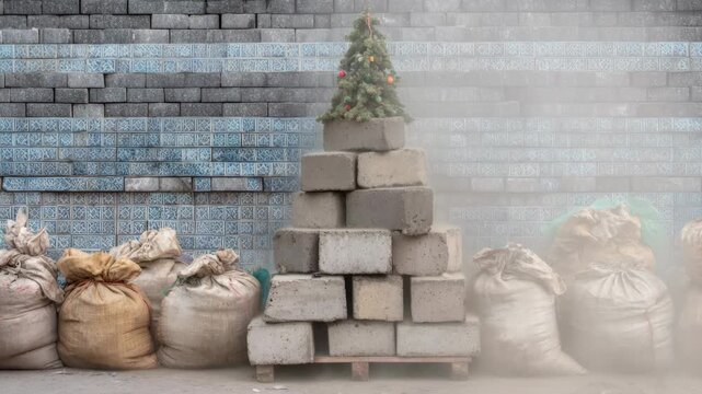 Unconventional christmas tree on cinder blocks with bags against tiled wall