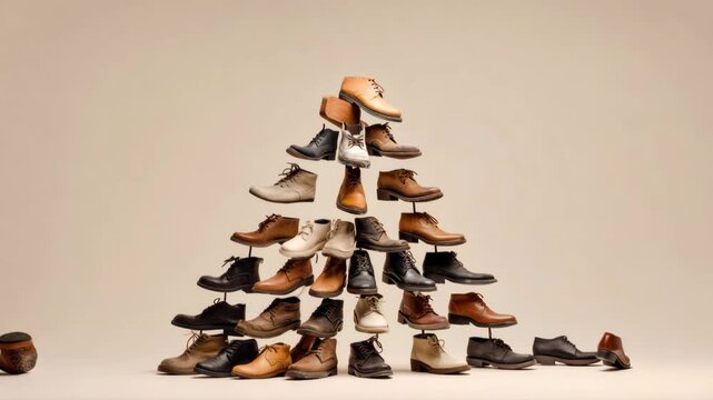 Creative pyramid of stylish leather shoes against neutral background