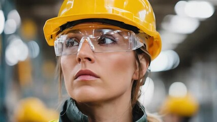 Worker wearing a safety helmet and goggles carefully adjusts headgear in an industrial setting emphasizing proper PPE use for head protection.