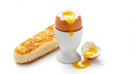 純白の背景で明るく輝く半熟卵から黄金色の黄身がとろりと流れ出し香ばしいトーストが食欲を刺激する朝食風景. AI Generated