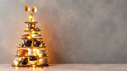 Creative coffee cup christmas tree with festive holiday lights and spoons