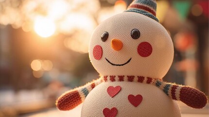 Close up of a cute snowman with a knitted hat and scarf in a winter scene