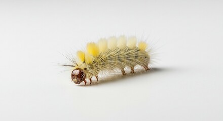 白い背景に映えるふわふわの体が特徴的な毛虫鮮やかな黄色の毛が目を引くクローズアップ撮影. AI Generated