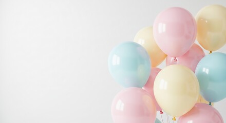 柔らかな光が満ちる明るく広々とした空間にピンク水色黄色など優しい色合いのパステル風船がふわりと軽やかに浮かぶ誕生日祝いや記念日にぴったりの清潔感ある背景. AI Generated