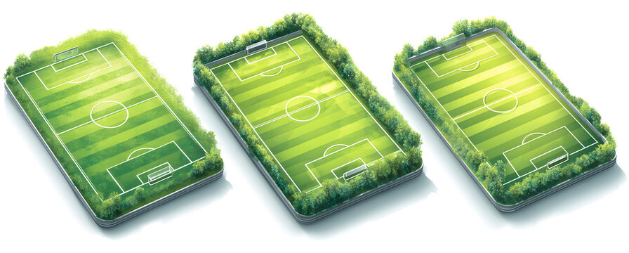 Football field. Soccer pitch scheme top, side and perspective view. Realistic european football court or stadium with green grass vector set