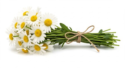 明るい光が優しく降り注ぎ清らかな自然美を醸し出す清潔な白い背景に置かれた麻紐で優しく結ばれた可憐な白い花びらが輝くデイジーの花束. AI Generated