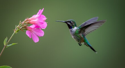 輝く緑の体と白い斑点を持つ小さなハチドリが柔らかな自然光に包まれ熱帯の鮮やかなピンクの花へと軽やかに舞い上がり蜜を求めて優雅にホバリングする奇跡の瞬間. AI Generated
