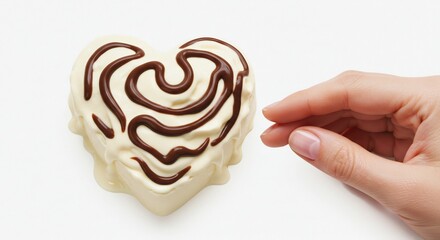 清潔な白い光に照らされ輝くふっくらとしたハート型スイーツ なめらかなチョコレートが優雅に流れ繊細な指がそっと触れる瞬間. AI Generated