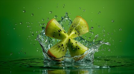 kiwi fruit in water splash with green background