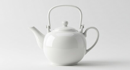 白背景に柔らかな光が降り注ぐ清潔感あふれる白い陶器のティーポット 優雅でミニマルなデザインが際立ちコーヒーや紅茶の時間を彩る美しいアイテム. AI Generated