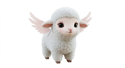 白いふわふわの柔らかな翼を広げた愛らしい子羊が優しく微笑みこちらを見つめる柔らかな光に包まれ輝く夢見る幻想的な世界観を鮮やかに表現した高品質3Dイラストレーション. AI Generated