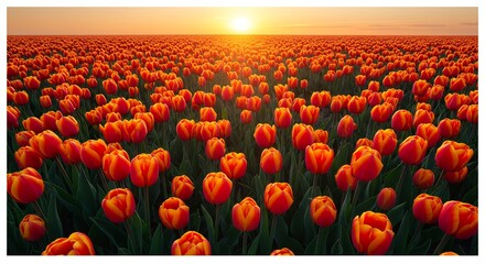 広大なオレンジ色のチューリップ畑を夕日が金色に照らし輝く花々が春の訪れを告げる美しい風景心揺さぶる感動的な絶景. AI Generated