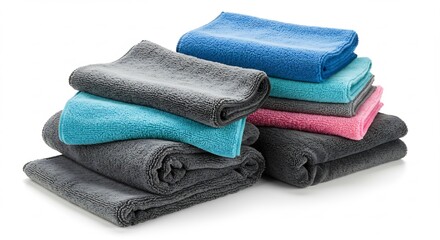 明るい光に照らされたカラフルなマイクロファイバータオルが綺麗に積まれ柔らかな質感と清潔感を表現. AI Generated