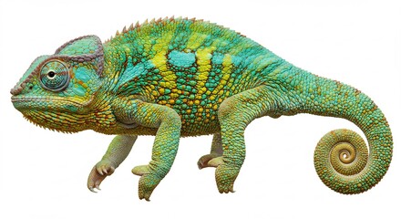 明るい光に照らされ鮮やかに輝くカメレオンの全身像美しい緑と青の体色が際立ち白い背景がその魅力を引き立てる. AI Generated