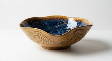 明るい光が優しく当たる手作りの陶器ボウル 温かみのある土色に波打つ模様が施され内側の深みのある青い釉薬が神秘的な輝きを放つ. AI Generated