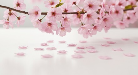 暖かく柔らかな春の光が満開の桜の枝を優しく照らし淡いピンクの花びらが白い卓上に静かに舞い落ちる日本の春の繊細な美しさ. AI Generated