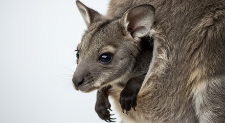 明るく柔らかな自然光が優しく降り注ぐ白い背景。お母さんの温かいお腹の袋からそっと顔を出す愛らしい赤ちゃんワラビー。好奇心に満ちた黒い瞳でじっと何かを見つめる無垢で可愛らしい瞬間。. AI Generated